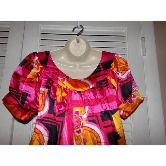 Bebe O made in France geometric print satin dress L oranges and pinks - Picture 4 of 5